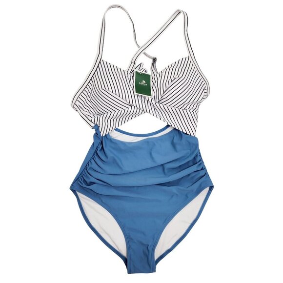 Striped Twist-Front High-Waist One-Piece Swimsuit Blue & White S Eomenie - Picture 2 of 9